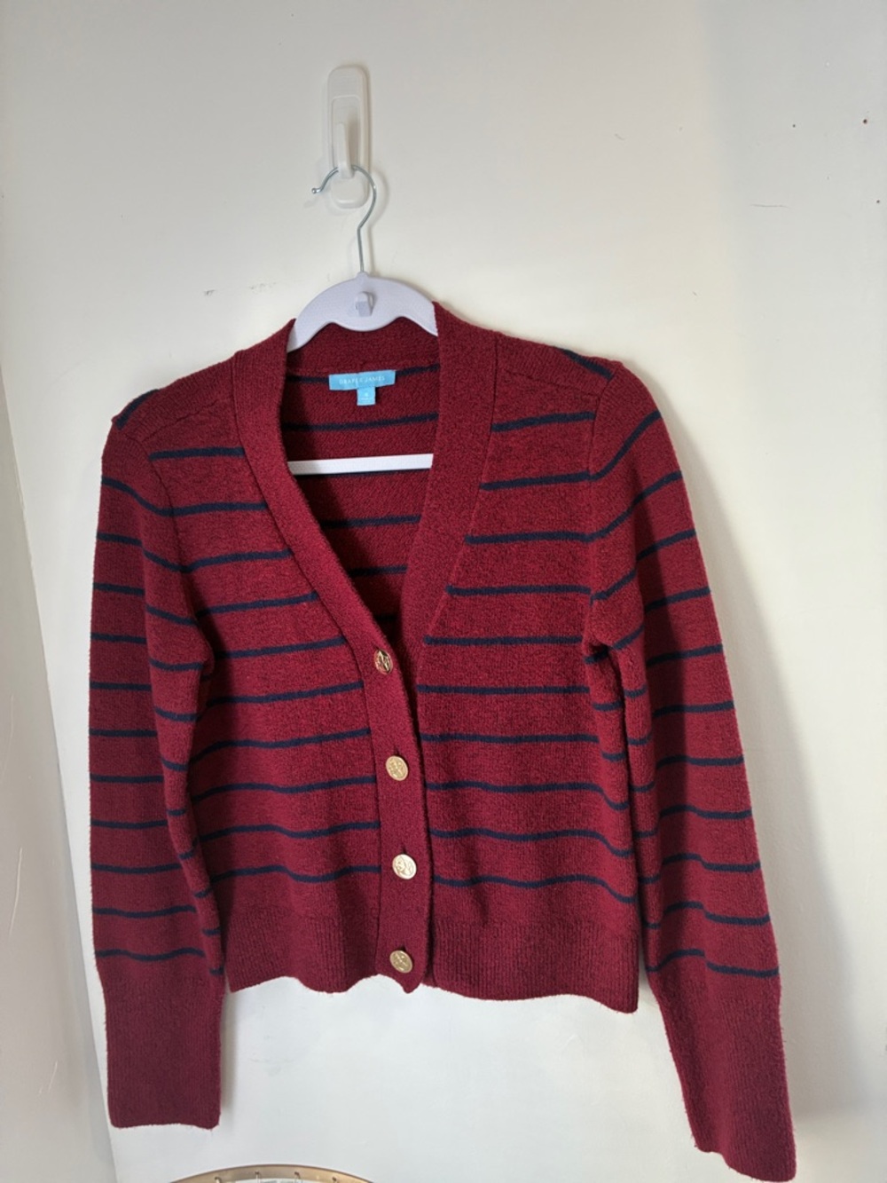Draper James Burgundy Striped V-Neck Cardigan with Gold Buttons Worn 1X Size